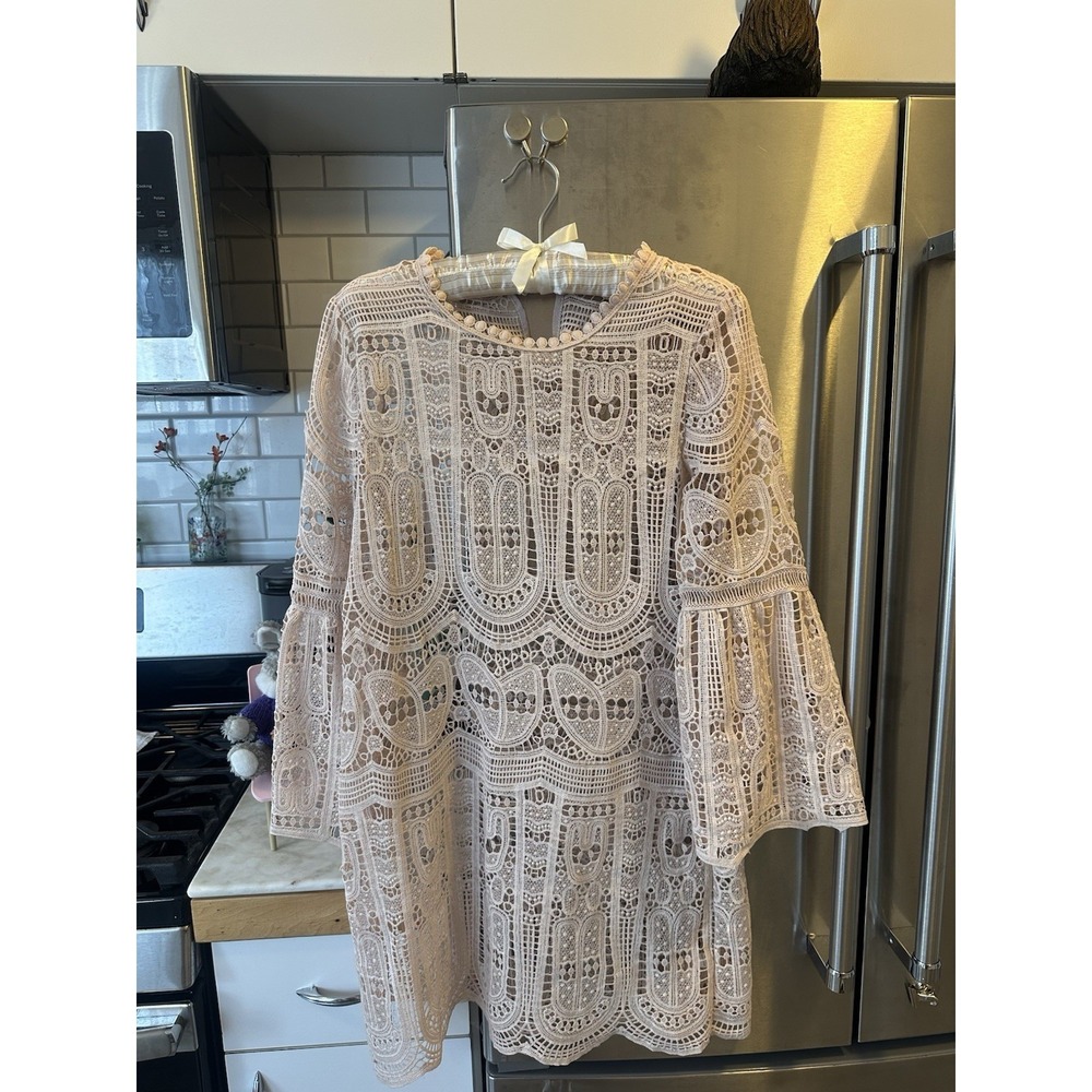 Crochet Lace Bell Sleeves Shear Mini Dress Measurement‎ PP 18 L33 Blush Pink SzM